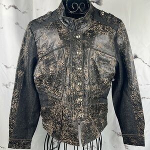 H&D Denim & Leather Moto Jacket Snap Front High Collar Acid Wash Black Leather